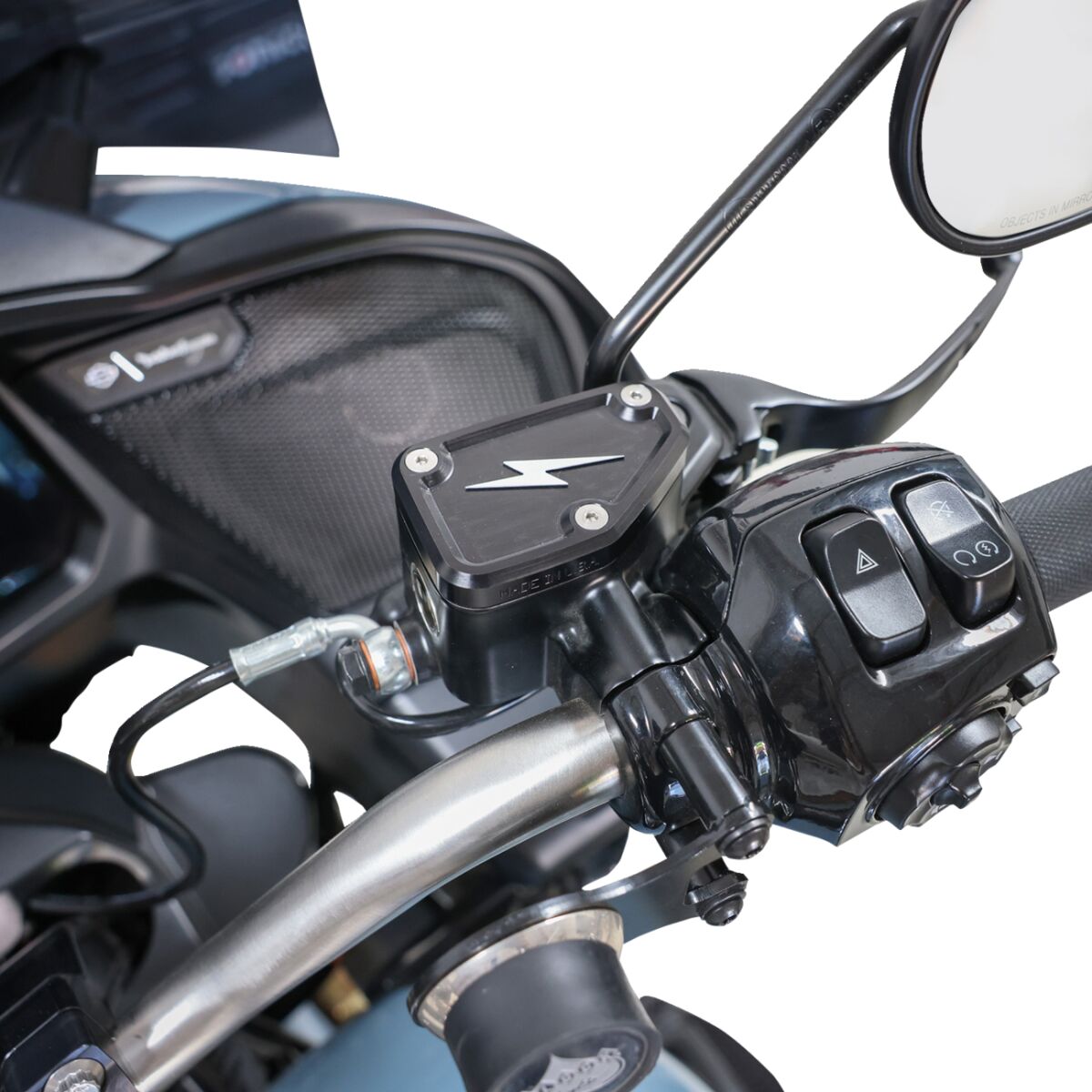 Front Brake Reservoir Cap, Black Twice Cut - 24+ Touring Master Cylinders Cover Thrashin Supply Co.