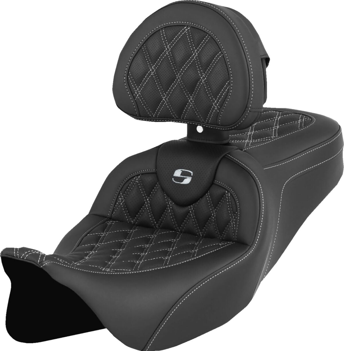 Roadsofa LS With Driver's Backrest Seat, White Stitch - 08-23 Touring Seat Saddlemen