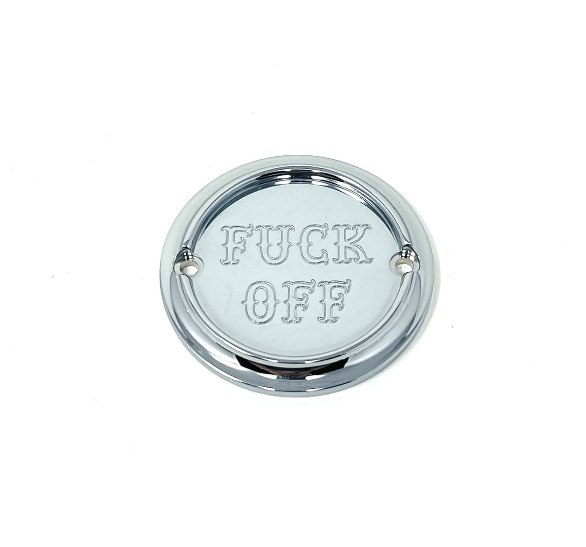2 Holes Ignition Cover - Shovel / Evo / 04+ Sportster Death Metal Racing Chrome Fuck Off