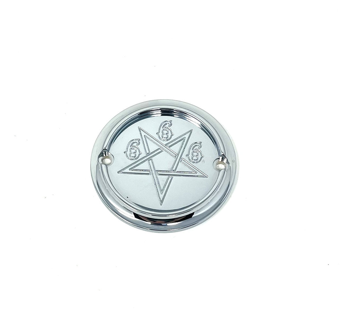 2 Holes Ignition Cover - Shovel / Evo / 04+ Sportster Death Metal Racing Chrome 666 Pentagram