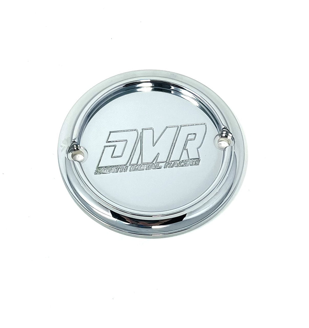 2 Holes Ignition Cover - Shovel / Evo / 04+ Sportster Death Metal Racing Chrome DMR Words