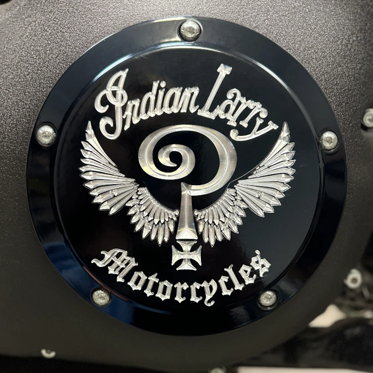 Indian Larry Logo Derby Cover, Gloss Black & Aluminum - Touring Derby Cover Indian Larry Motorcycles