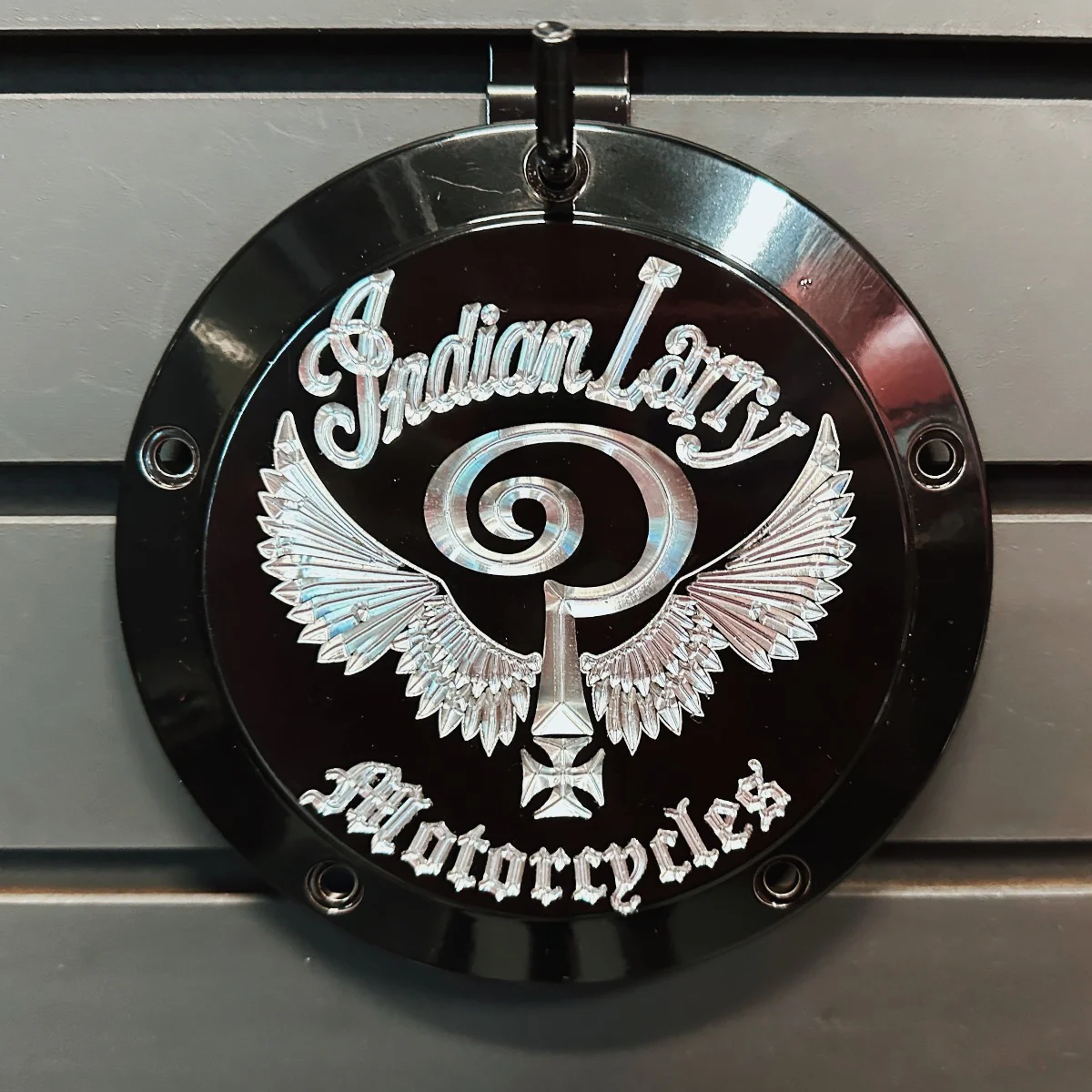 Indian Larry Logo Derby Cover, Gloss Black - 18+ Softail Derby Cover Indian Larry Motorcycles