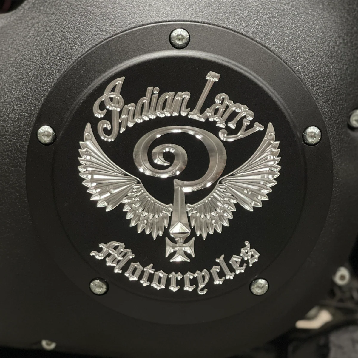 Indian Larry Logo Derby Cover, Matte Black & Aluminum - Touring Derby Cover Indian Larry Motorcycles