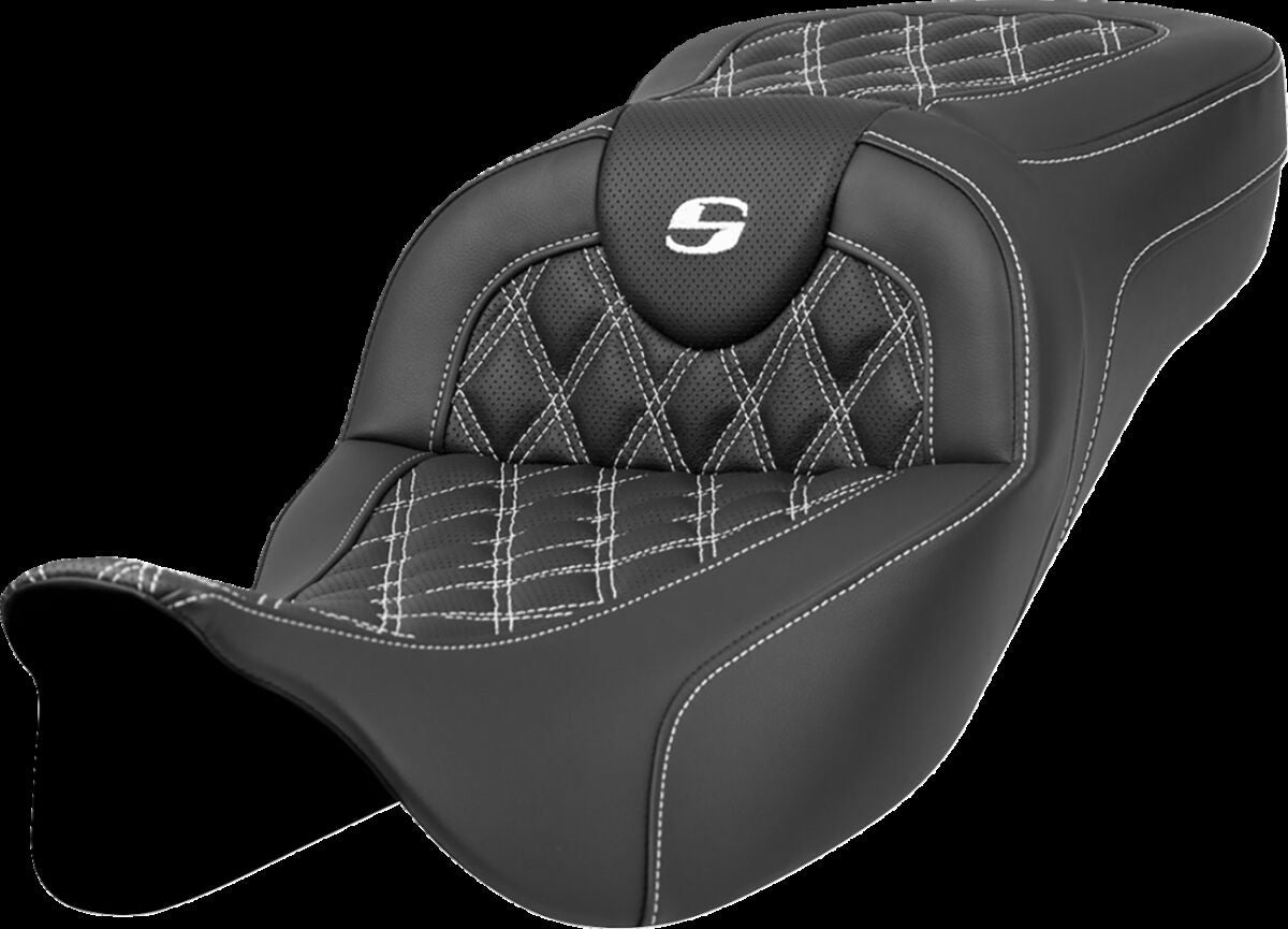 Saddlemen Roadsofa LS Extended Reach Seat, White Stitch - 08-23 Touring Seat Saddlemen