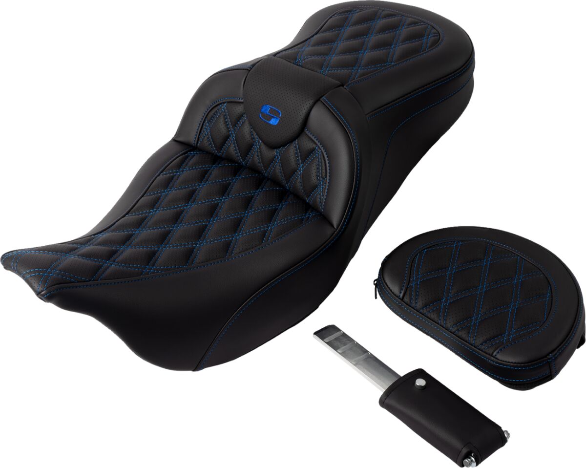 Roadsofa LS With Driver's Backrest Seat, Blue Stitch - 08-23 Touring Seat Saddlemen