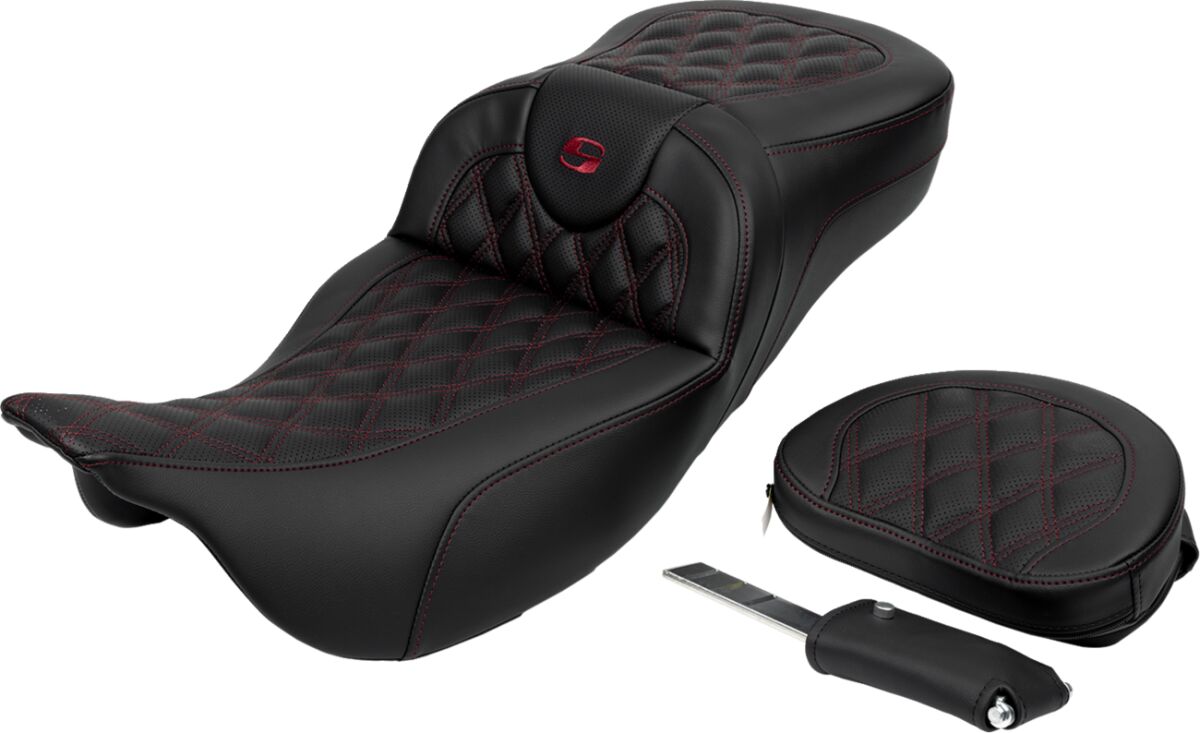 Roadsofa LS Extended Reach With Driver's Backrest Seat, Burg Stitch - 08-23 Touring Seat Saddlemen