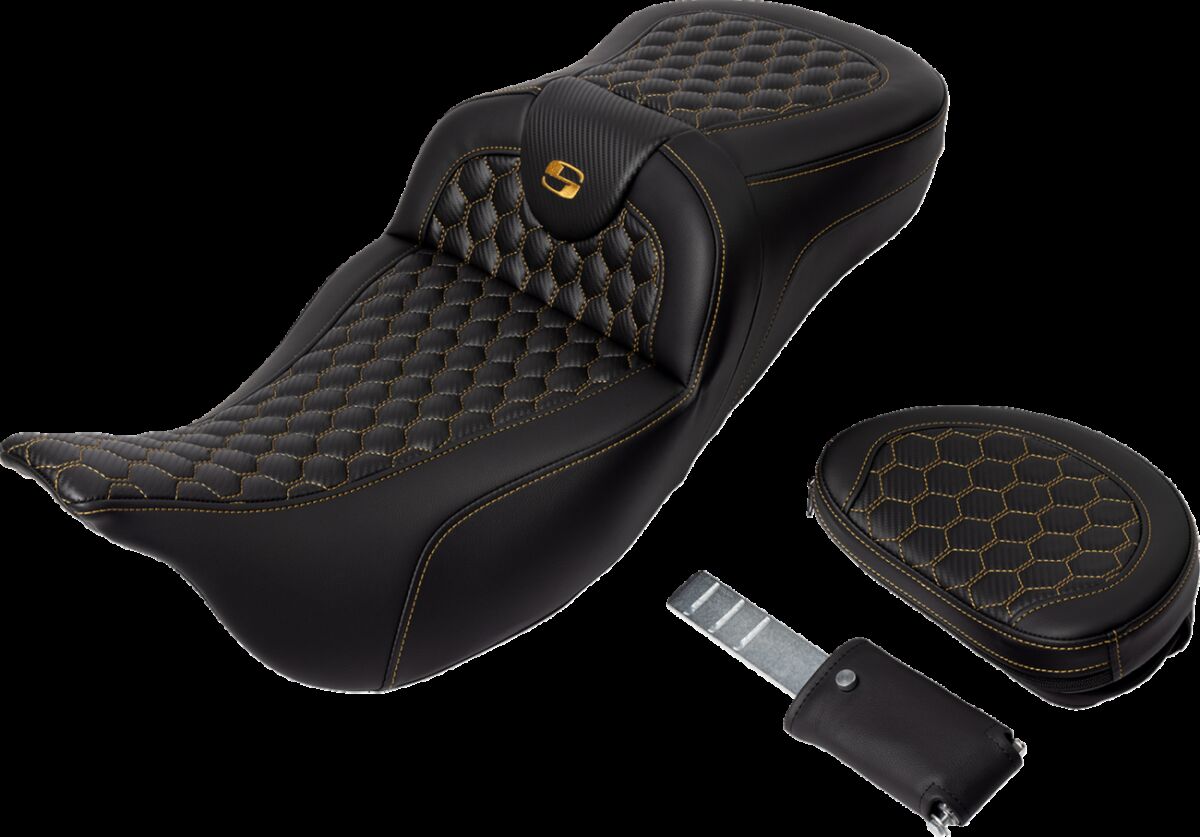Saddlemen Roadsofa HC Extended Reach With Driver's Backrest Seat, Gold Stitch - 08-24 Touring Seat Saddlemen