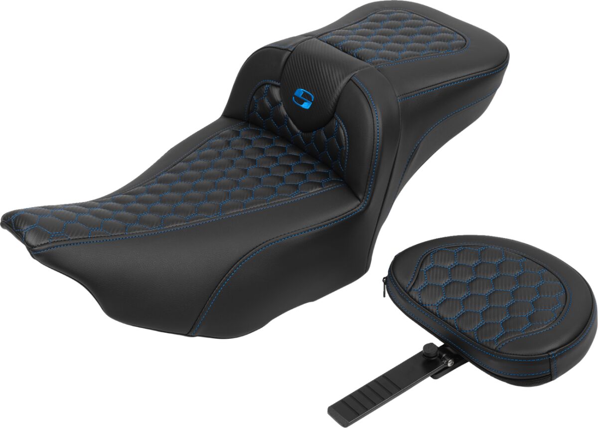 Roadsofa HC Extended Reach With Driver's Backrest Seat, Blue Stitch - 23+ Touring Seat Saddlemen