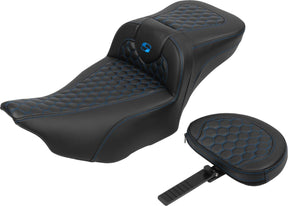 Roadsofa HC Extended Reach With Driver's Backrest Seat, Blue Stitch - 23+ Touring Seat Saddlemen