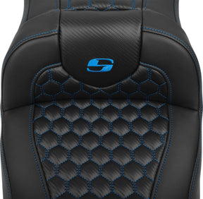 Roadsofa HC Extended Reach With Driver's Backrest Seat, Blue Stitch - 23+ Touring Seat Saddlemen