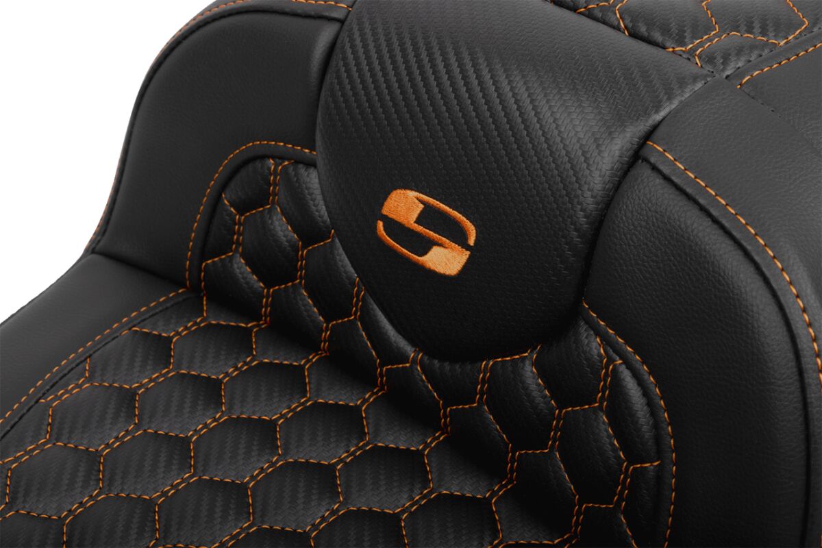 Roadsofa HC Extended Reach With Driver's Backrest Seat, Orange Stitch - 23+ Touring Seat Saddlemen