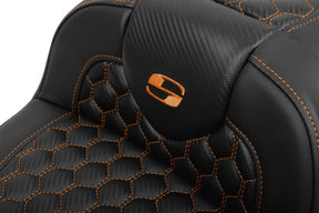 Roadsofa HC Extended Reach With Driver's Backrest Seat, Orange Stitch - 23+ Touring Seat Saddlemen
