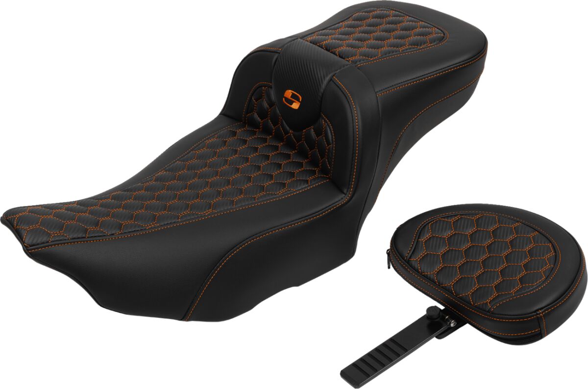 Roadsofa HC Extended Reach With Driver's Backrest Seat, Orange Stitch - 23+ Touring Seat Saddlemen