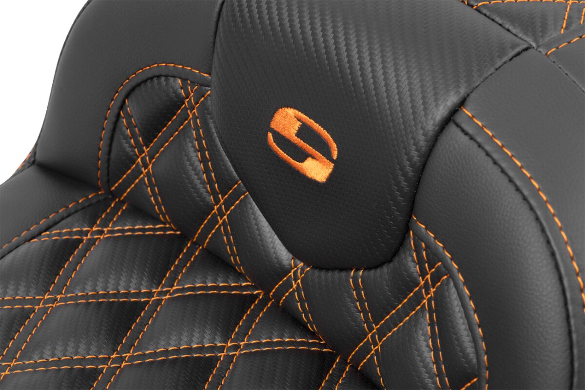 Roadsofa CF LS Seat, Orange Stitch - 23+ Touring Seat Saddlemen