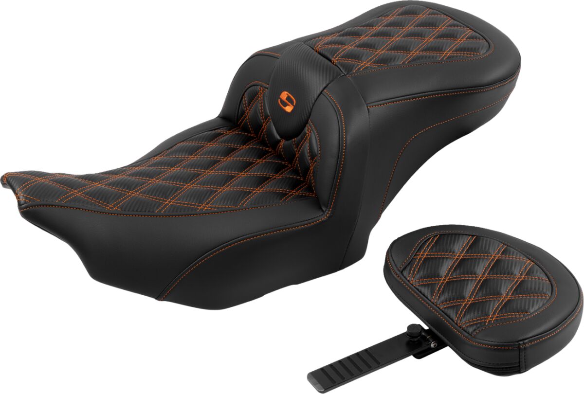 Roadsofa CF LS With Driver's Backrest Seat, Orange Stitch - 23+ Touring Seat Saddlemen