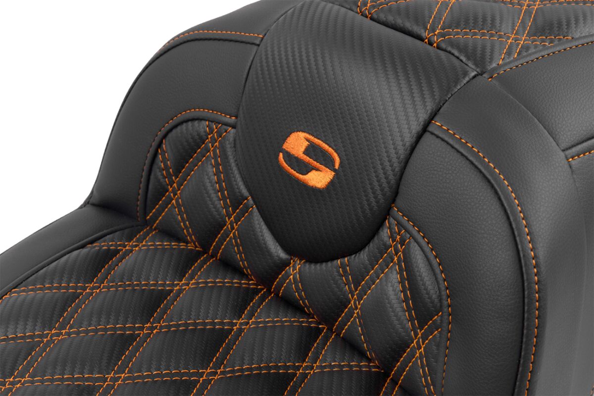 Roadsofa CF LS With Driver's Backrest Seat, Orange Stitch - 23+ Touring Seat Saddlemen