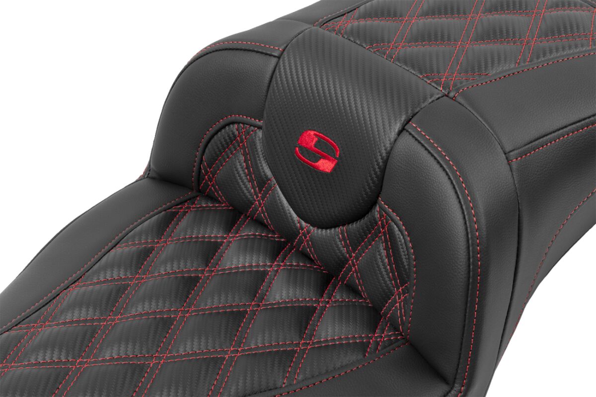 Roadsofa Extended Reach CF LS Seat, Red Stitch - 23+ Touring Seat Saddlemen