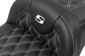 Roadsofa Extended Reach CF LS Seat, White Stitch - 23+ Touring Seat Saddlemen