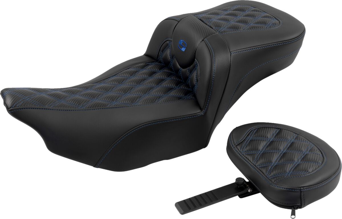 Roadsofa Extended Reach CF LS With Driver's Backrest Seat, Blue Stitch - 23+ Touring Seat Saddlemen