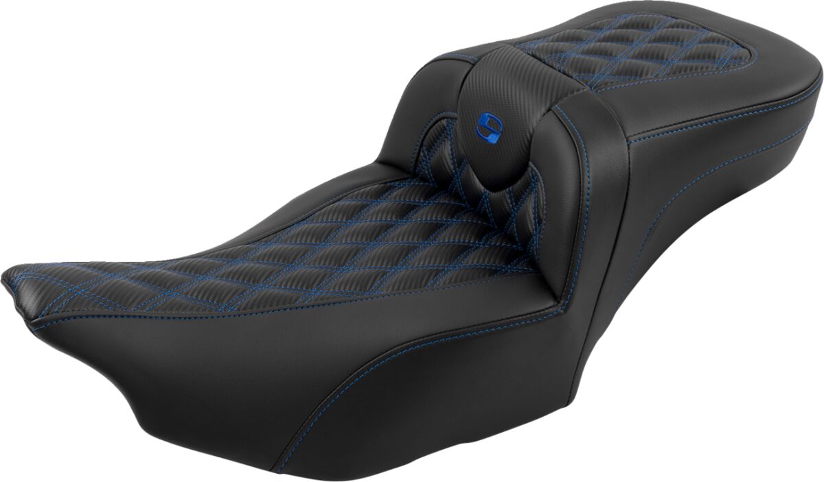 Roadsofa Extended Reach CF LS With Driver's Backrest Seat, Blue Stitch - 23+ Touring Seat Saddlemen