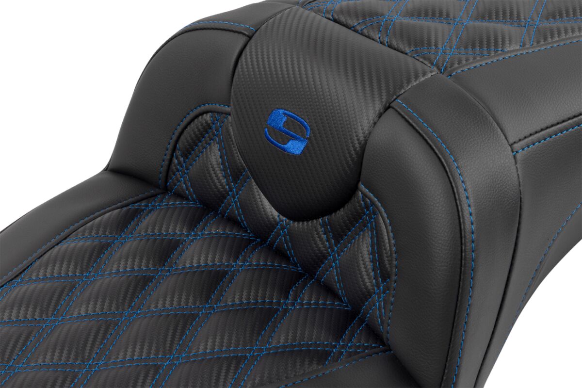 Roadsofa Extended Reach CF LS With Driver's Backrest Seat, Blue Stitch - 23+ Touring Seat Saddlemen