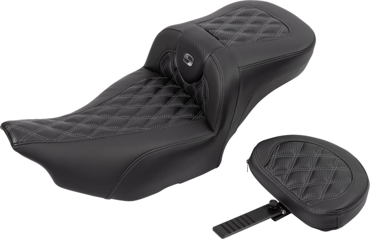 Roadsofa Extended Reach CF LS With Driver's Backrest Seat, Gray Stitch - 23+ Touring Seat Saddlemen