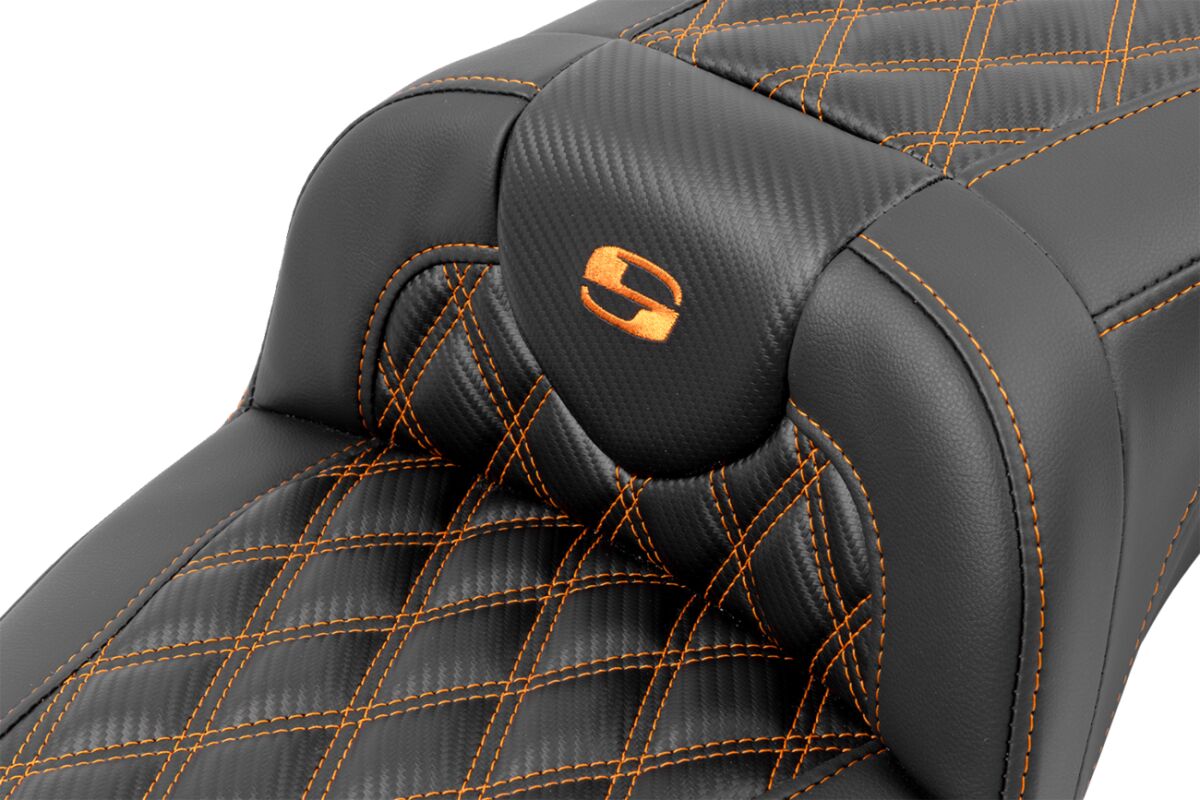 Roadsofa Extended Reach CF LS With Driver's Backrest Seat, Orange Stitch - 23+ Touring Seat Saddlemen