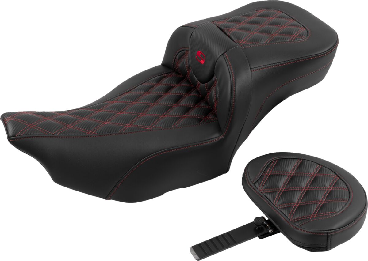 Roadsofa Extended Reach CF LS With Driver's Backrest Seat, Red Stitch - 23+ Touring Seat Saddlemen