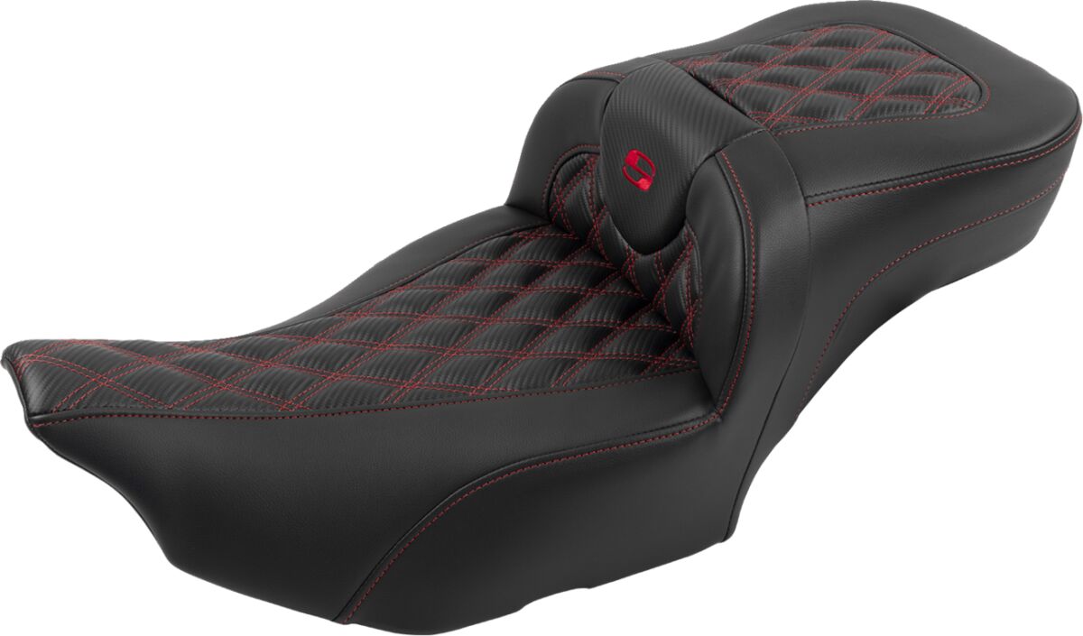 Roadsofa Extended Reach CF LS With Driver's Backrest Seat, Red Stitch - 23+ Touring Seat Saddlemen