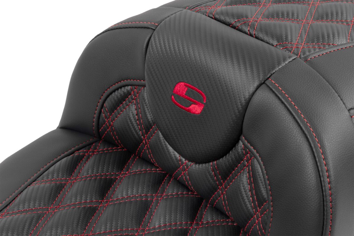 Roadsofa Extended Reach CF LS With Driver's Backrest Seat, Red Stitch - 23+ Touring Seat Saddlemen