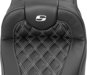 Roadsofa Extended Reach CF LS With Driver's Backrest Seat, Silver Stitch - 23+ Touring Seat Saddlemen