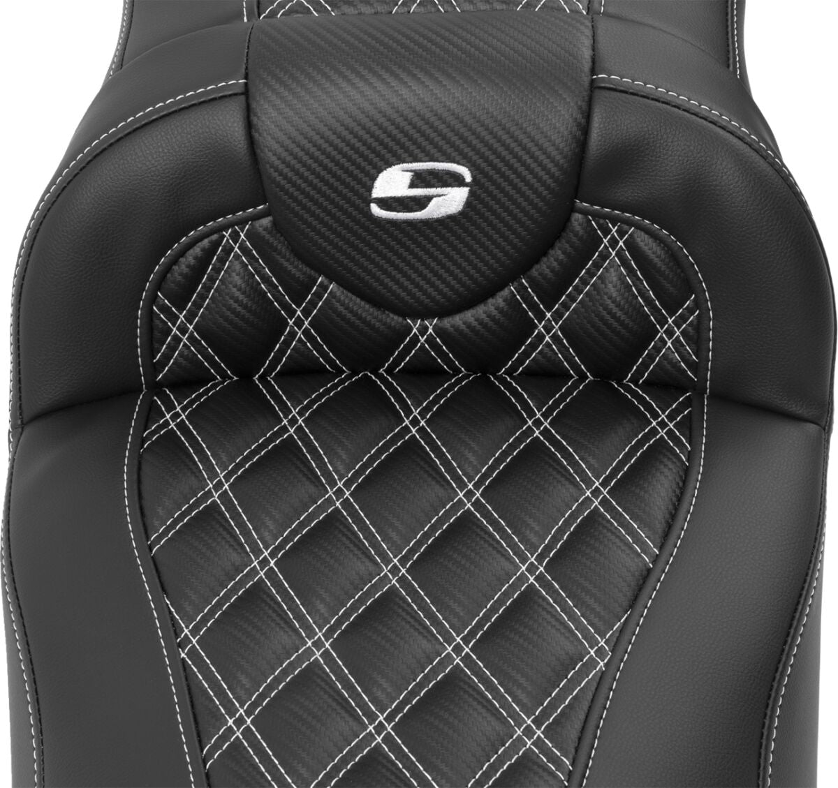Roadsofa Extended Reach CF LS With Driver's Backrest Seat, White Stitch - 23+ Touring Seat Saddlemen