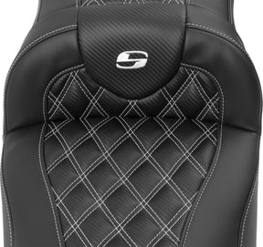 Roadsofa Extended Reach CF LS With Driver's Backrest Seat, White Stitch - 23+ Touring Seat Saddlemen