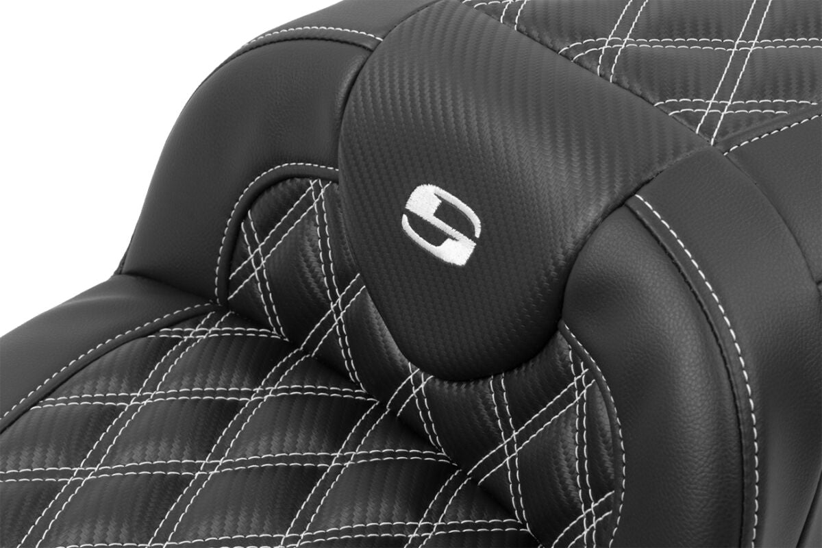 Roadsofa Extended Reach CF LS With Driver's Backrest Seat, White Stitch - 23+ Touring Seat Saddlemen