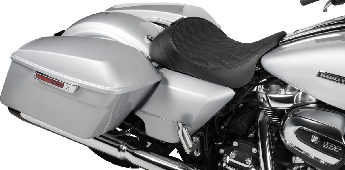 Drag Specialties Seats Solo Front Seat Double Diamond Black Sittch W/ Backrest Option Fl '08 '23 Seat Drag Specialties