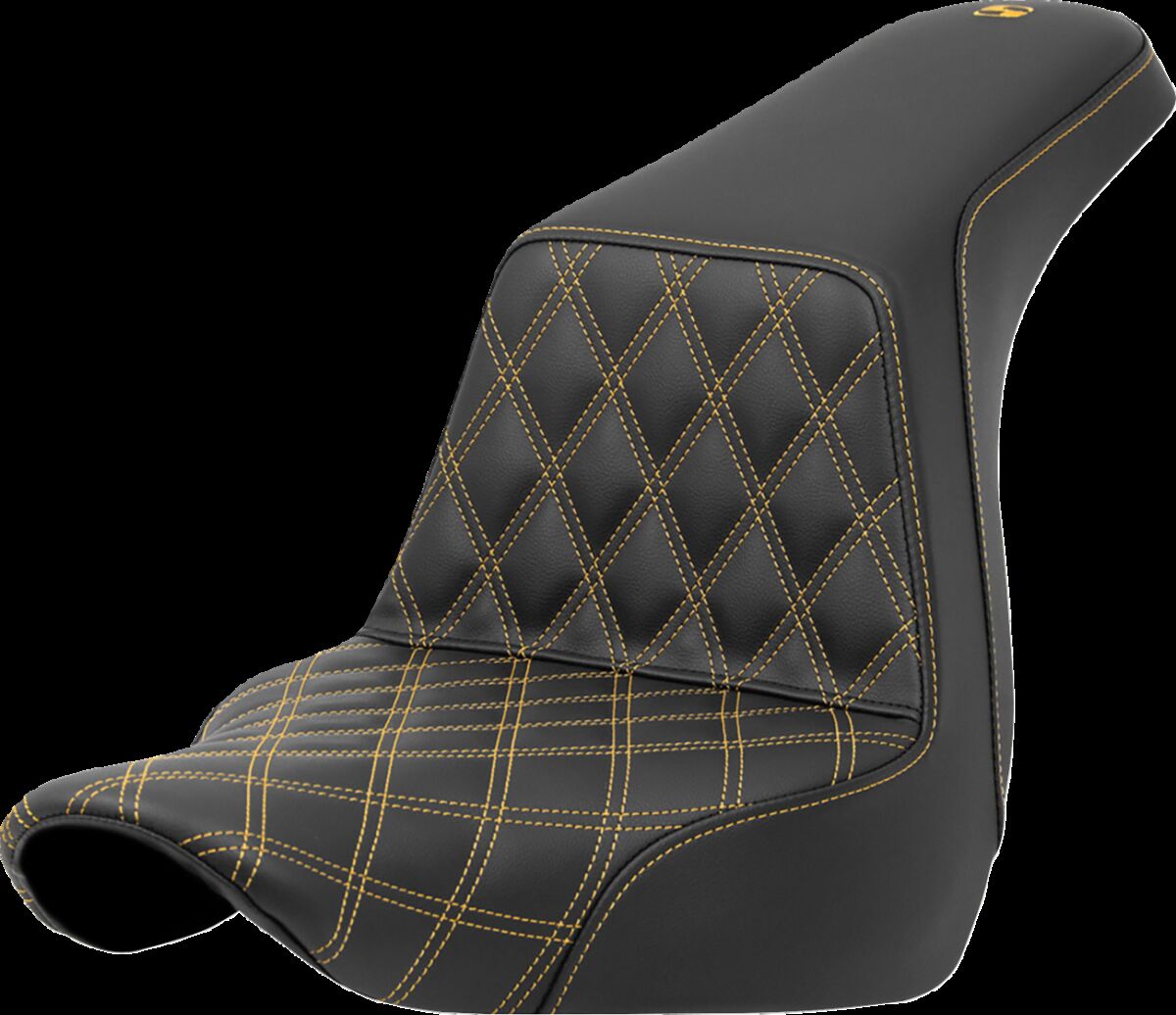 Saddlemen Step Up Front LS, Gold Stitch - 18+ Softail (Low Rider FXLR/FXLRS/FXLRST & Sport Glide FLSB) Seat Saddlemen