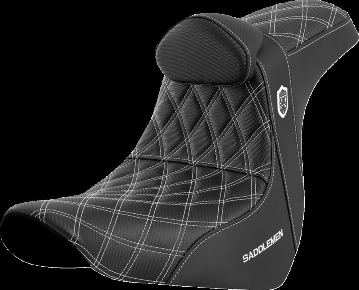 Saddlemen SDC Pro Series Performance Gripper Seat w/Lumbar Rest, White Stitch - 18+ Softail Seat Saddlemen
