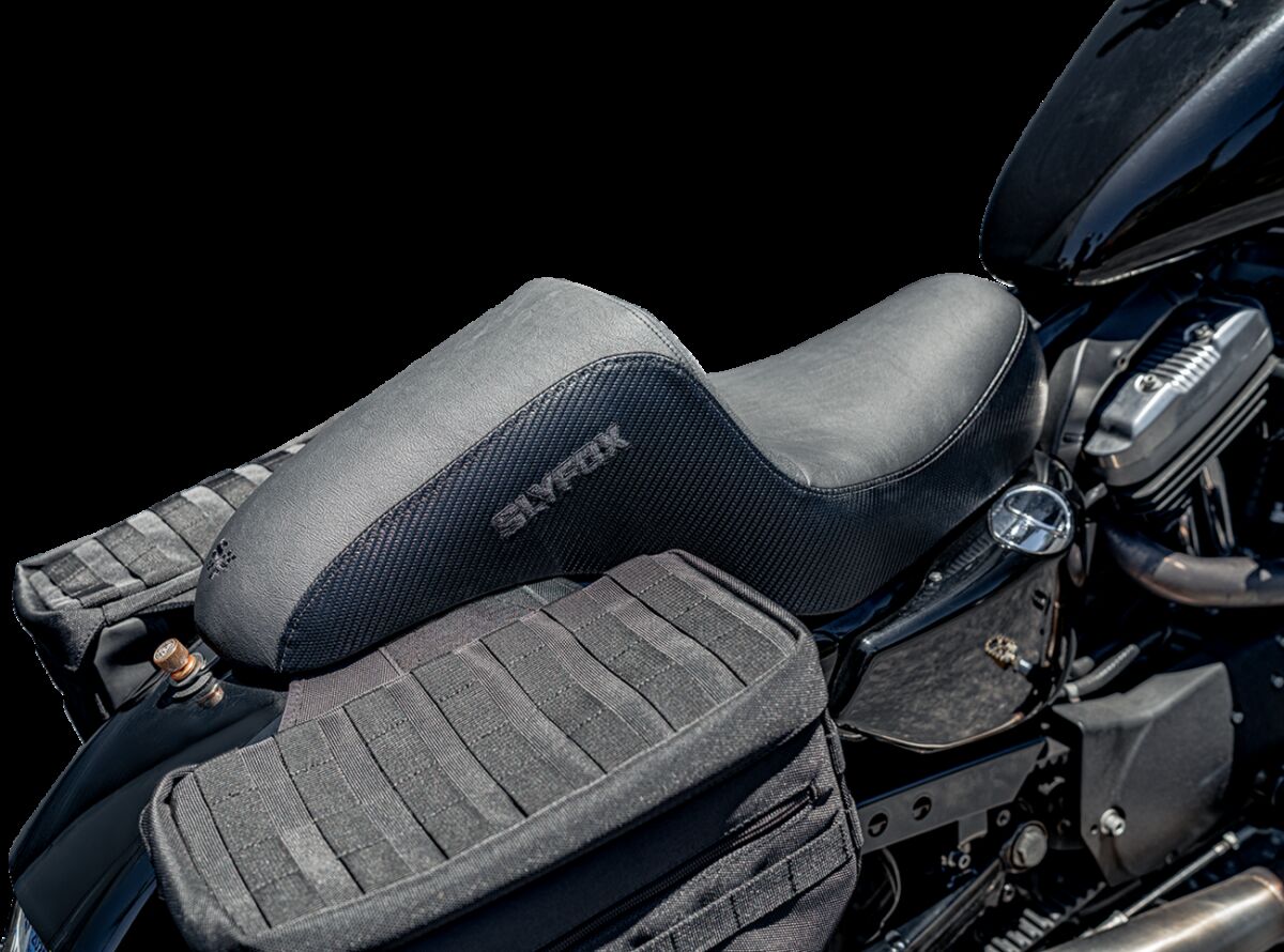 Slyfox The Drifter Seat, Black Logo - 04-09 Sportster Seat Slyfox