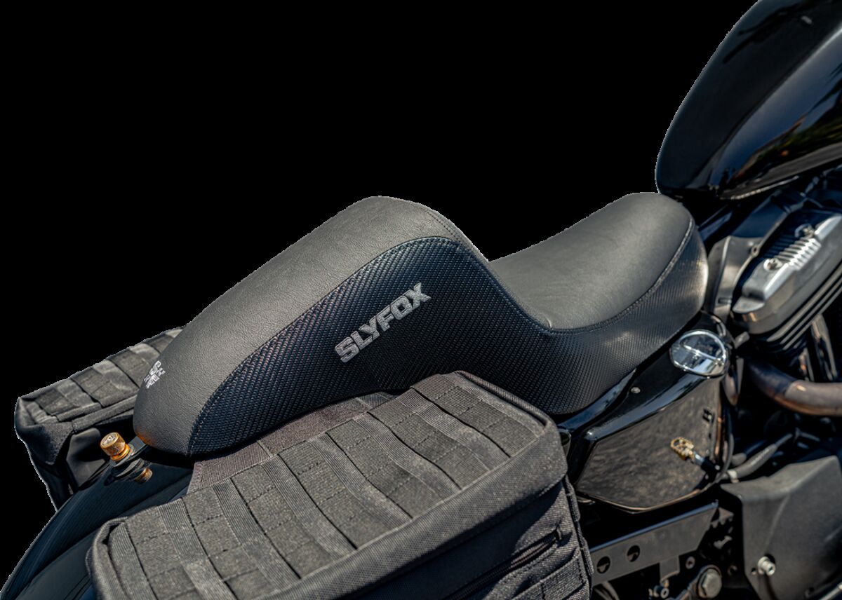 Slyfox The Drifter Seat, Gray Logo - 04-09 Sportster Seat Slyfox