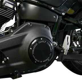 Thrashin Supply Co. Finned 5 Hole Derby Cover, Black - 18+ Softail Transmission Covers Thrashin Supply Co.