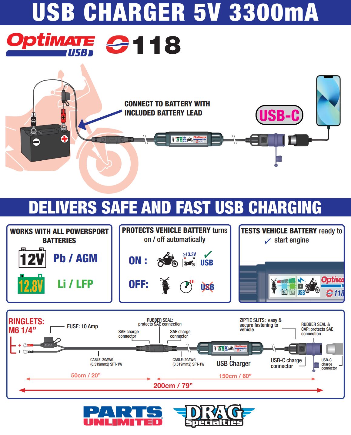 Tecmate Charger Usb C 3.3 A Sae Electrical System Tool Tecmate