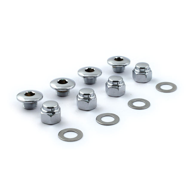 Rocker Shaft Plug & Nut Kit. Buttonhead. Chrome Rocker Shaft End Plugs Mcs