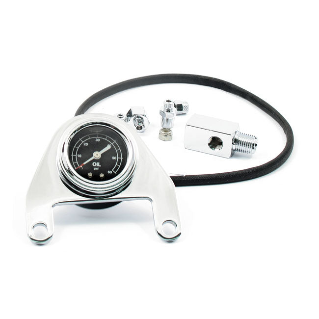 Oil Pressure Gauge Kit Rocker Box, 0 60 Psi. Chrome Oil Pressure Gauges Mcs