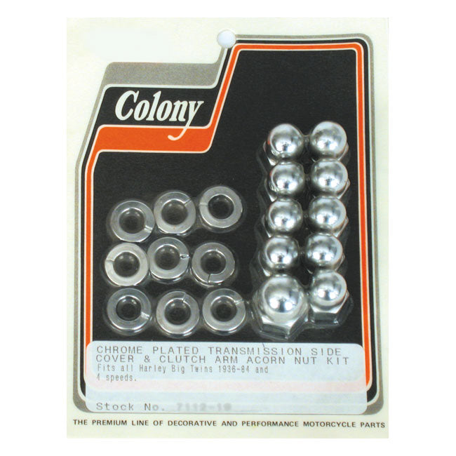 Colony, transmission side cover screw kit. Chrome Acorn TRANSMISSION END COVERS MOUNTS Colony