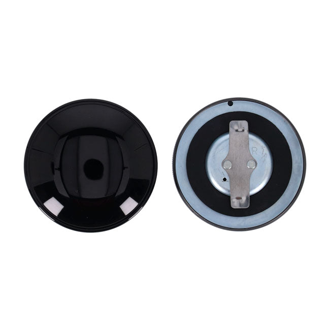 Gas Cap Set, Late Style. Gloss Black Gas Cap Mcs