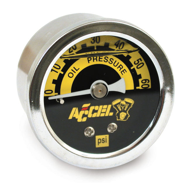 ACCEL, oil pressure gauge, 0-60 PSI. Chrome OIL PRESSURE GAUGES Accel