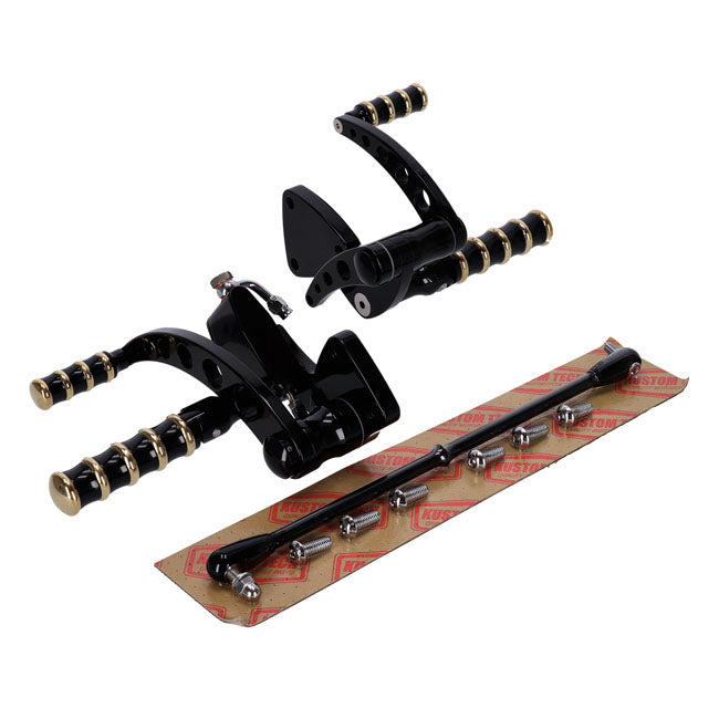 Vintage Style Forward Controls. Black & Brass - 00-17 Softail Foot Control Kit Kustom Tech