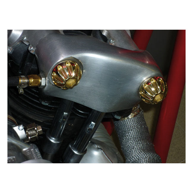 Kustom Tech Knuckle Rocker Nuts. Finned, Polished Brass - 36-47 Knucklehead Rocker Box Mount Kits Kustom Tech