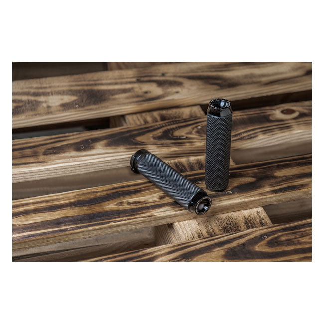 Knurled Rubber Handlebar Grips, Black - 74-22 Throttle Cable Grips Rough Crafts